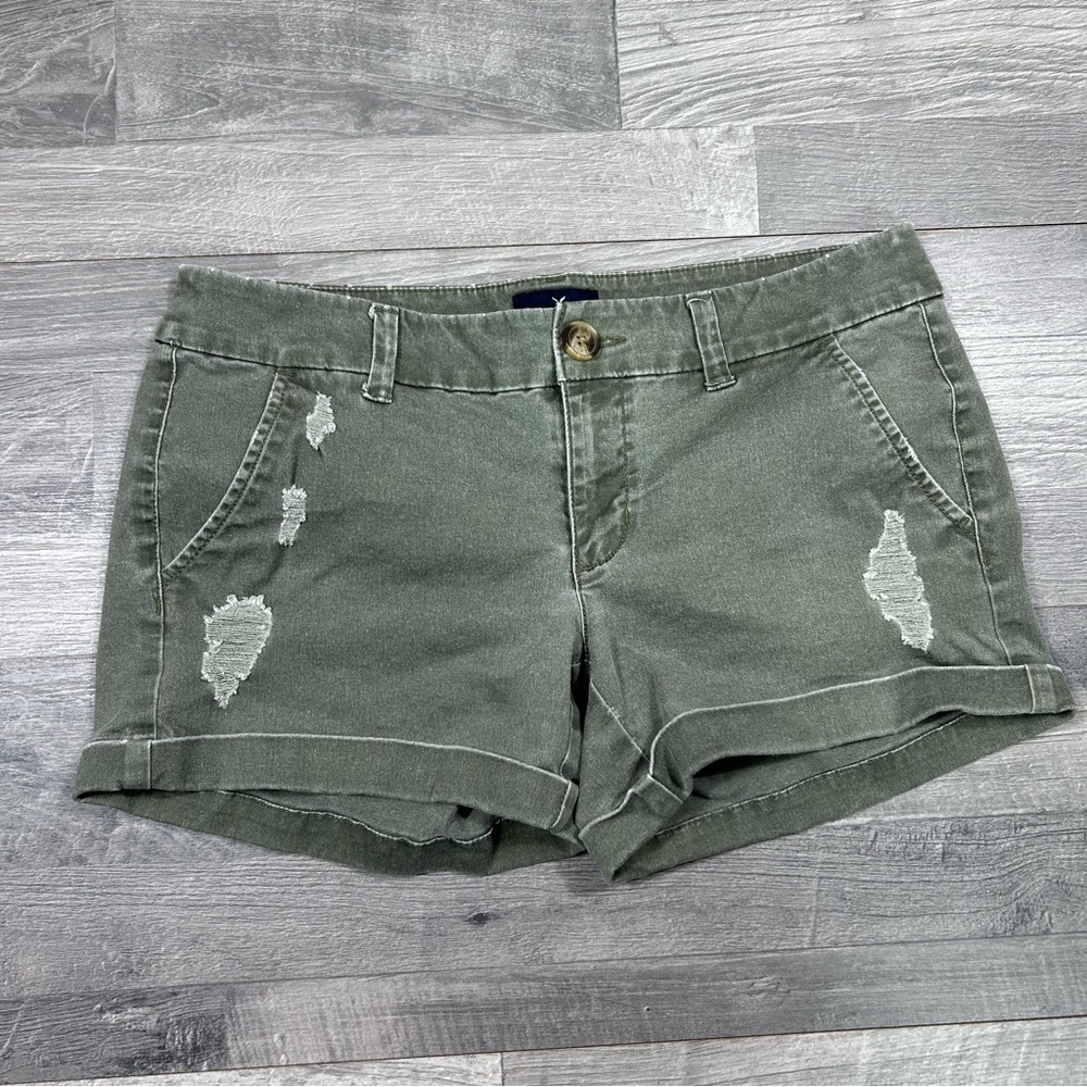 American Eagle Green Distressed Stretch MIDI Shorts